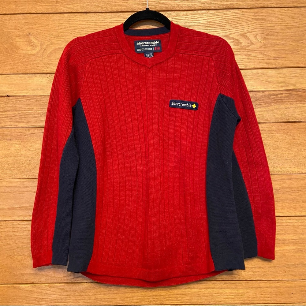 Y2K vintage Abercrombie red and navy colorblocked ribbed logo sweater